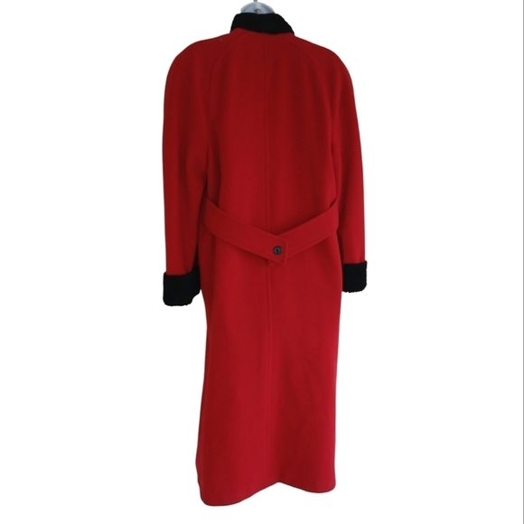 Vintage Statement Red 100% Wool High Collar Trench Coat Black Trim M - Picture 8 of 8